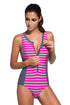 Sexy Rosy Striped Sleeveless Rashguard One Piece Swimsuit